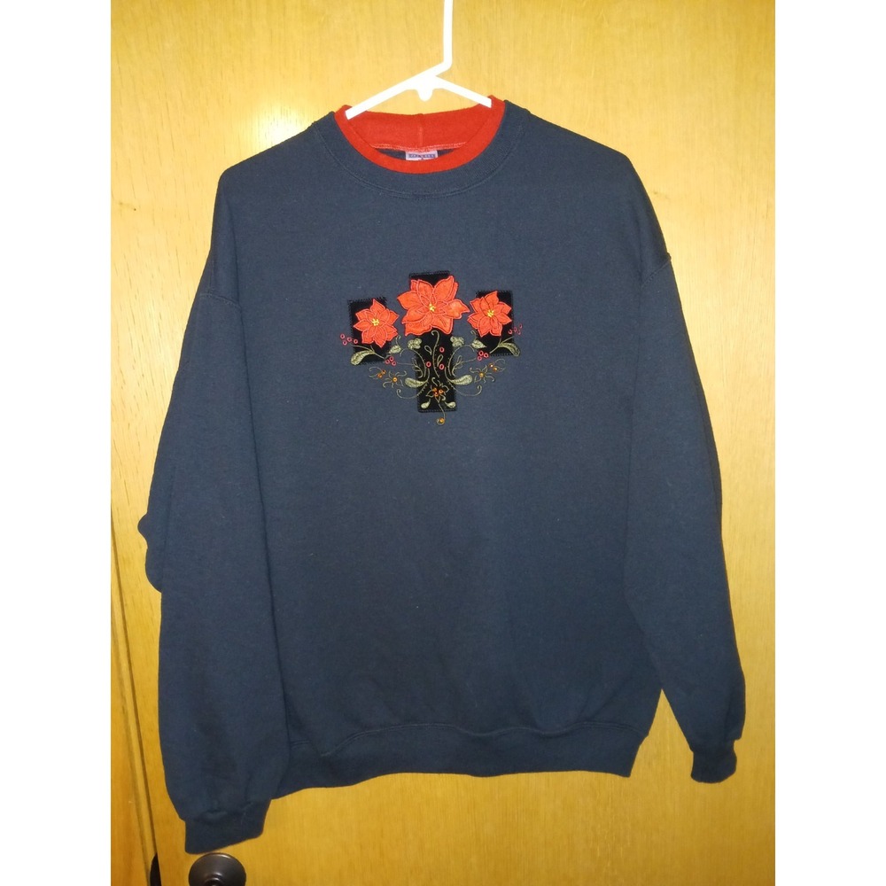 Vintage Jerzees Womens Large Christmas Sweatshirt Poinsettia Embroidered Appliqu